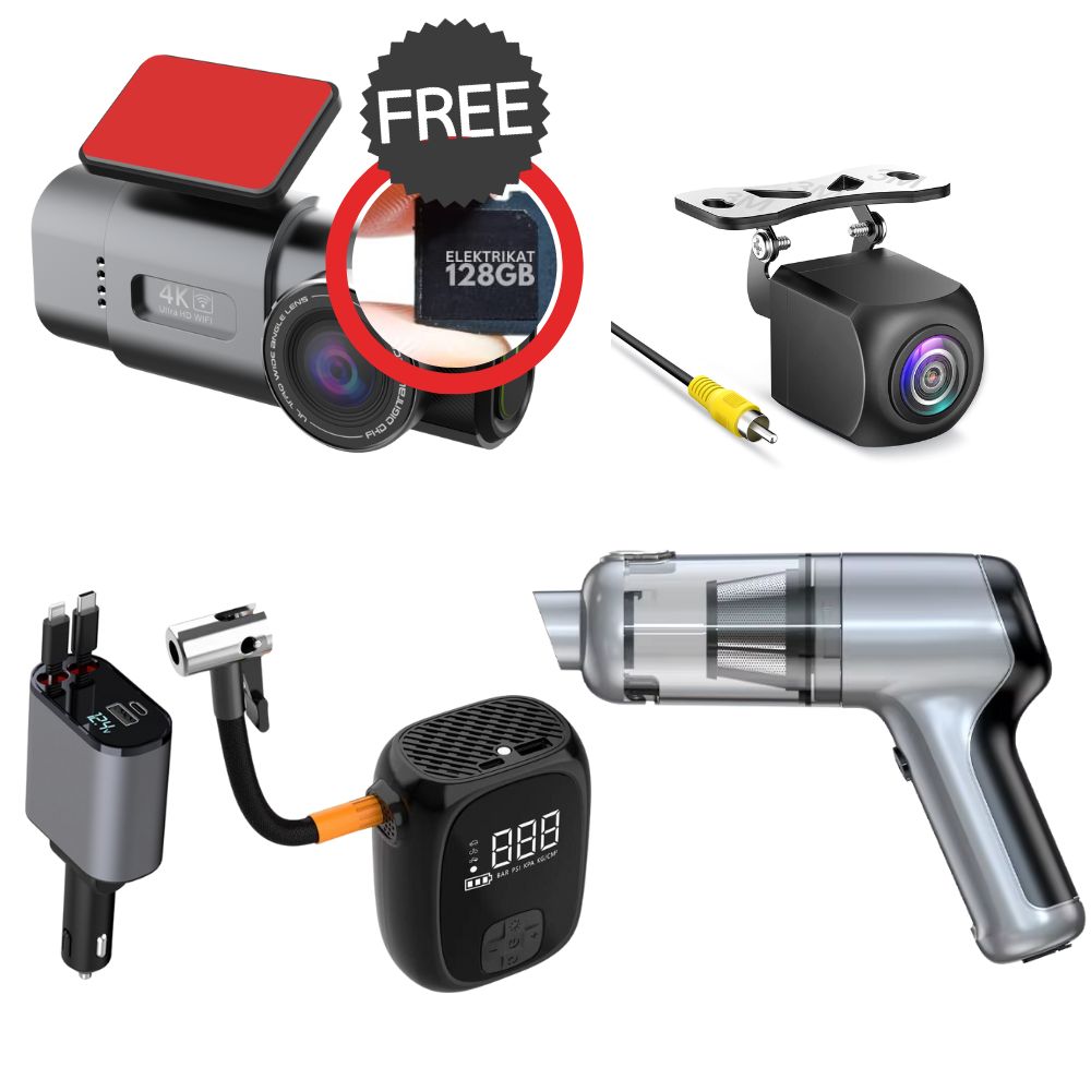 Full Car Kit - Dash cam (front & rear) + Emergency electric car pump + Car Vacuum + Retractable Car Charger