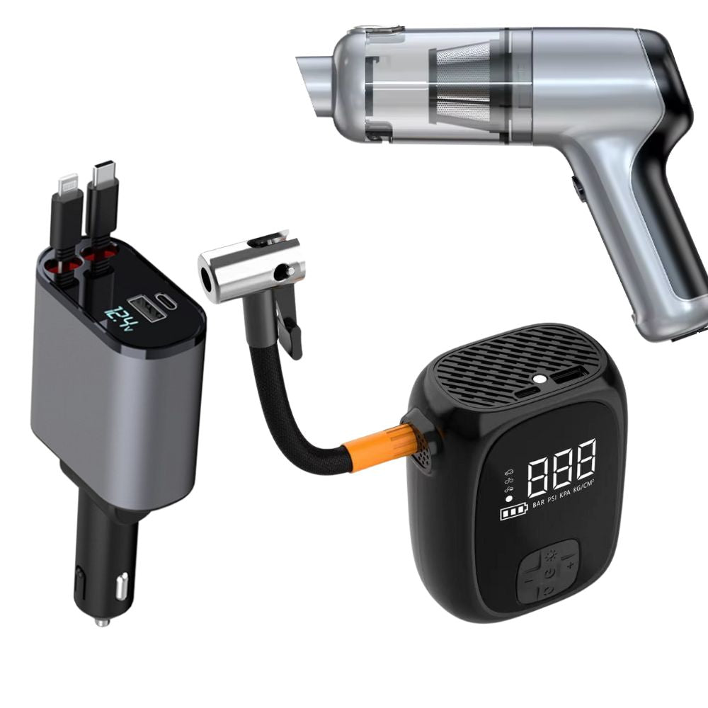 Car Kit - Emergency electric car pump + Car Vacuum + Retractable Car Charger